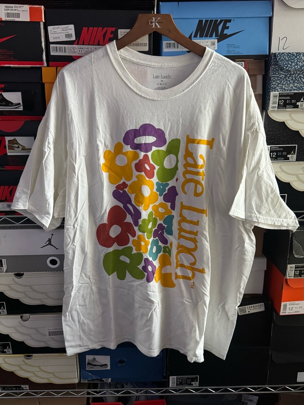 Late Lunch White Graphic Tee with Colorful Floral Print